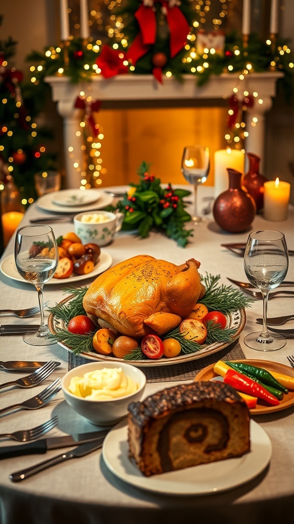Christmas Dinner for a Family of 3 A festive Christmas dinner table with roast chicken, mashed potatoes, roasted vegetables, and yule log cake.